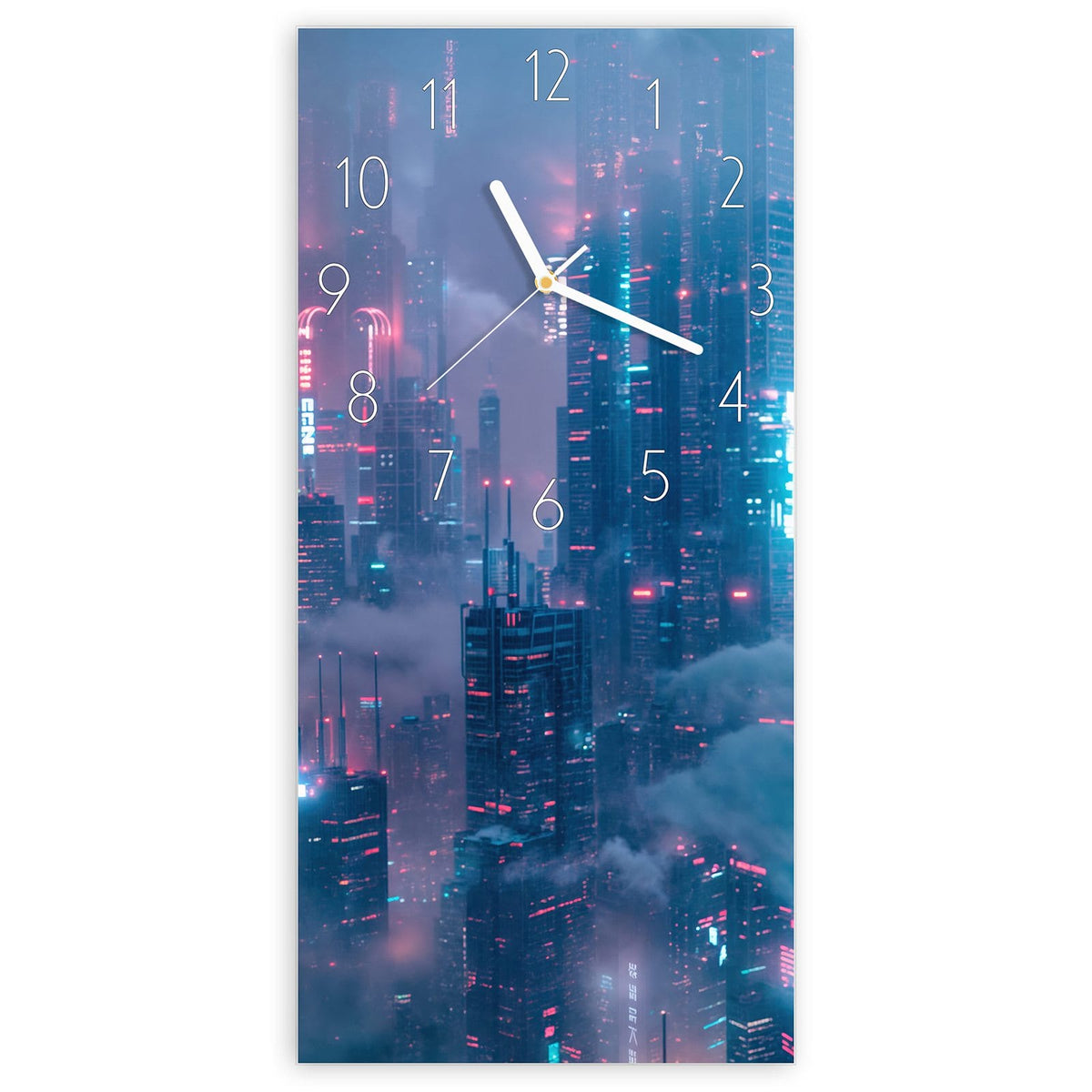 Wanduhr aus Glas, Ziffernblatt Elegant: Wolkenkratzer in Nebel, Neonlicht in Pink und Türkis #ziffernblatt_Elegant