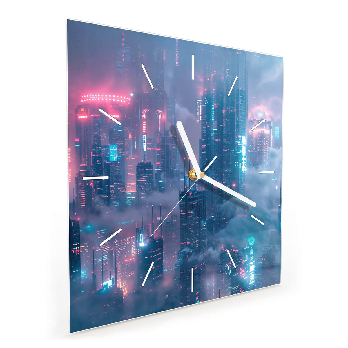 Quadratische Wanduhr aus Glas Wolkenkratzer in Neon schräg von der Seite, 4 mm starkes Glas