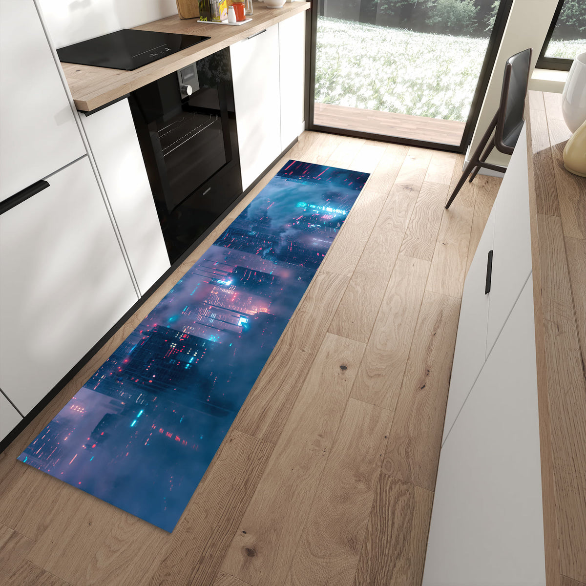Geruchsneutraler Küchenteppich mit Motiv Futuristische Stadt in moderner Küche
