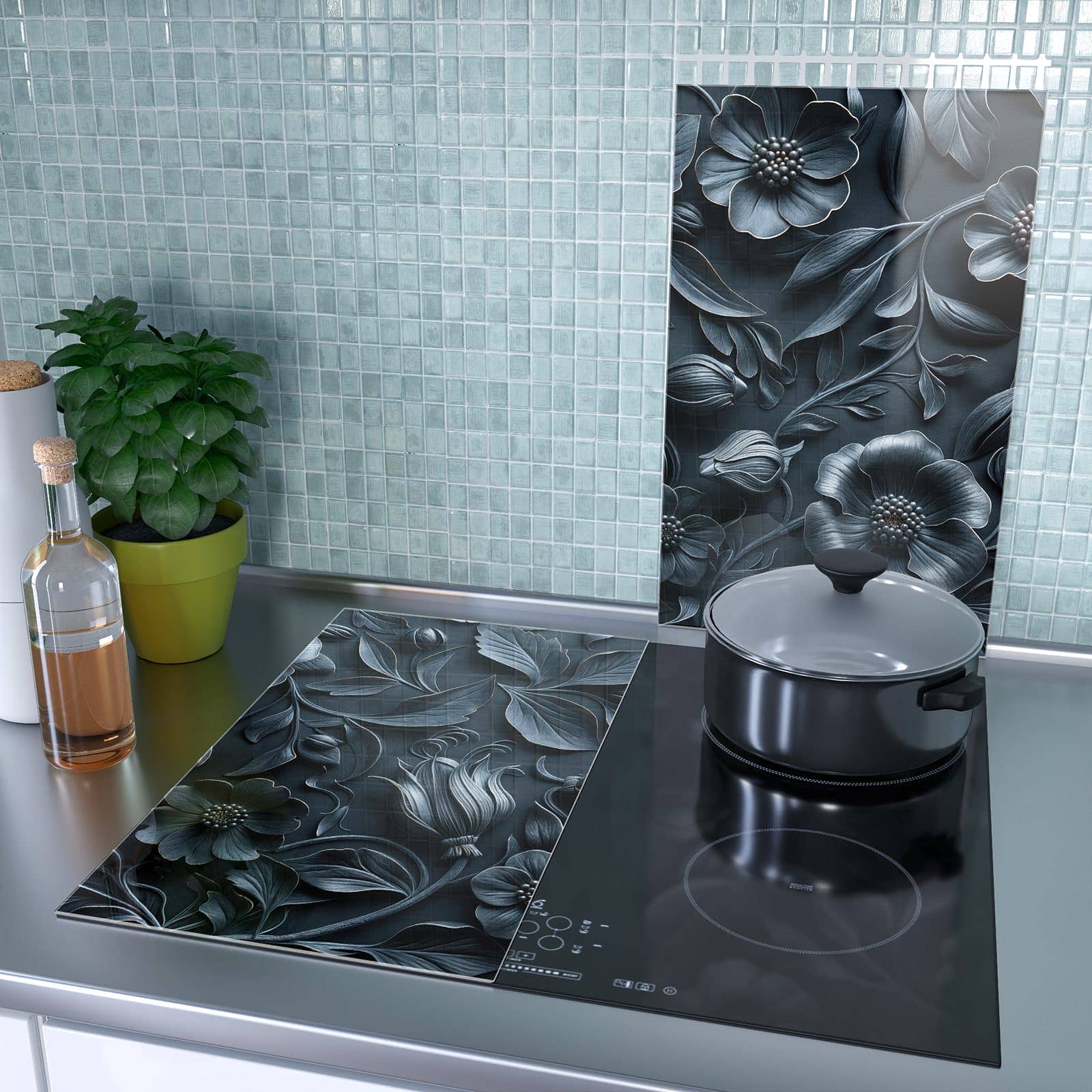 2-teilige Herdabdeckung aus Glas mit Florales Muster-Motiv als Spritzschutz hinter dem Kochfeld