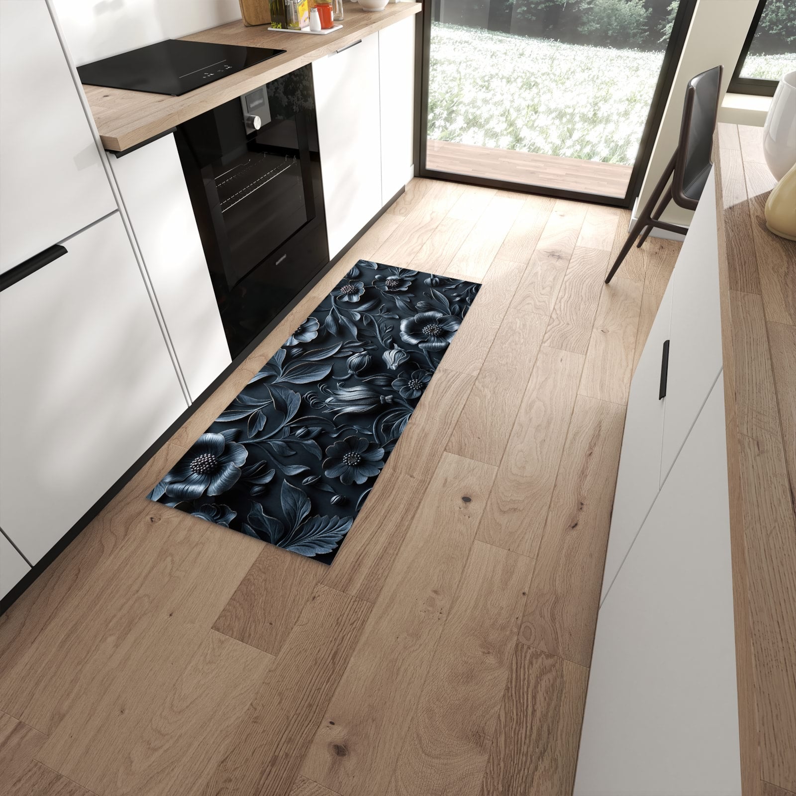 Feuchtigkeitsresistenter Küchenläufer mit Motiv Florales Muster in moderner Küche #grösse_60 x 150 cm