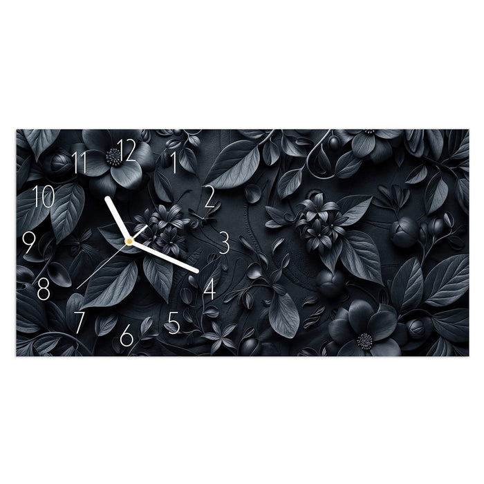 Wanduhr Blumenmuster Dunkel aus Glas – Querformat 60 × 30 cm mit Ziffernblatt Elegant