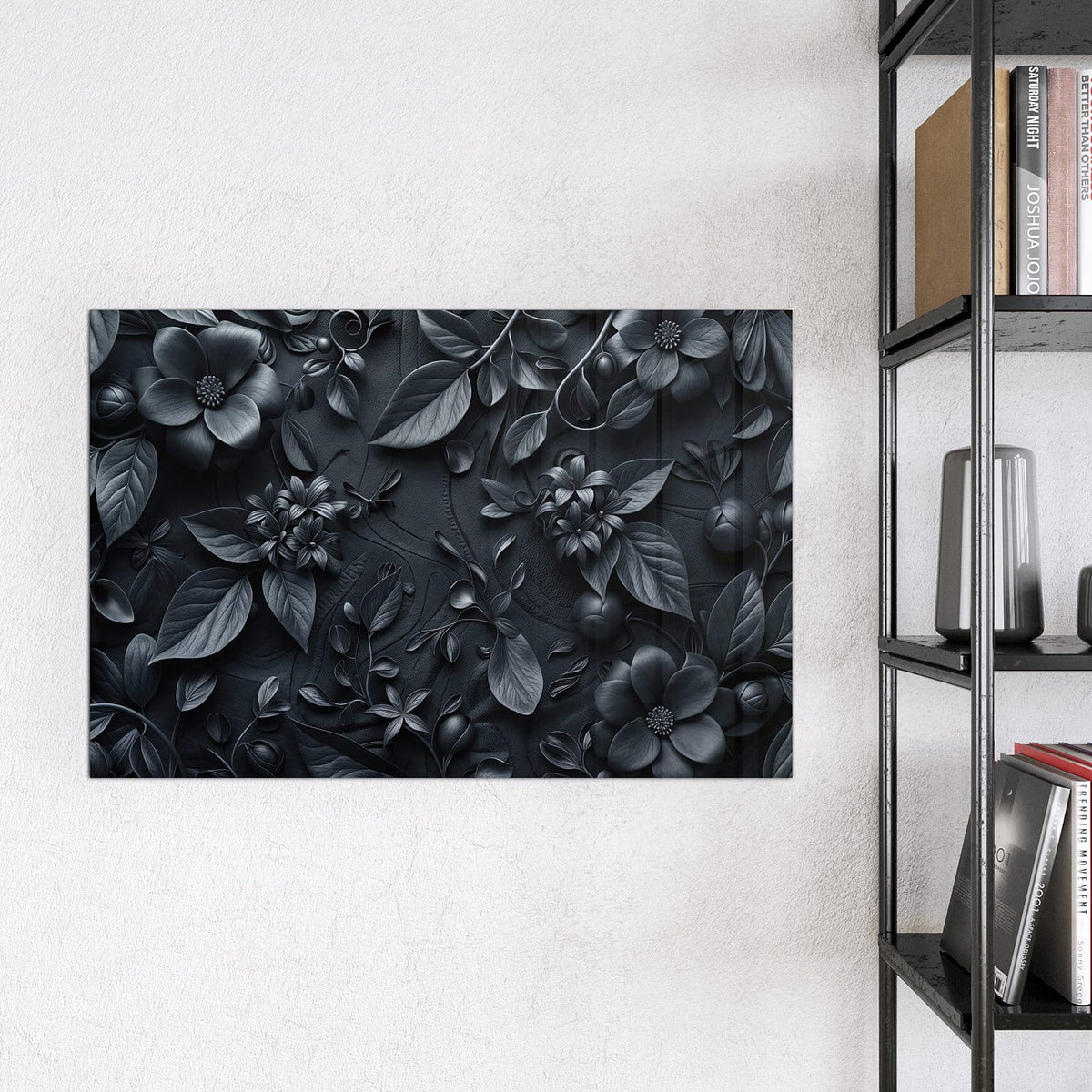 Magnettafel - Blütenrelief in Schwarz – Graue Blumen auf dunklem Grund