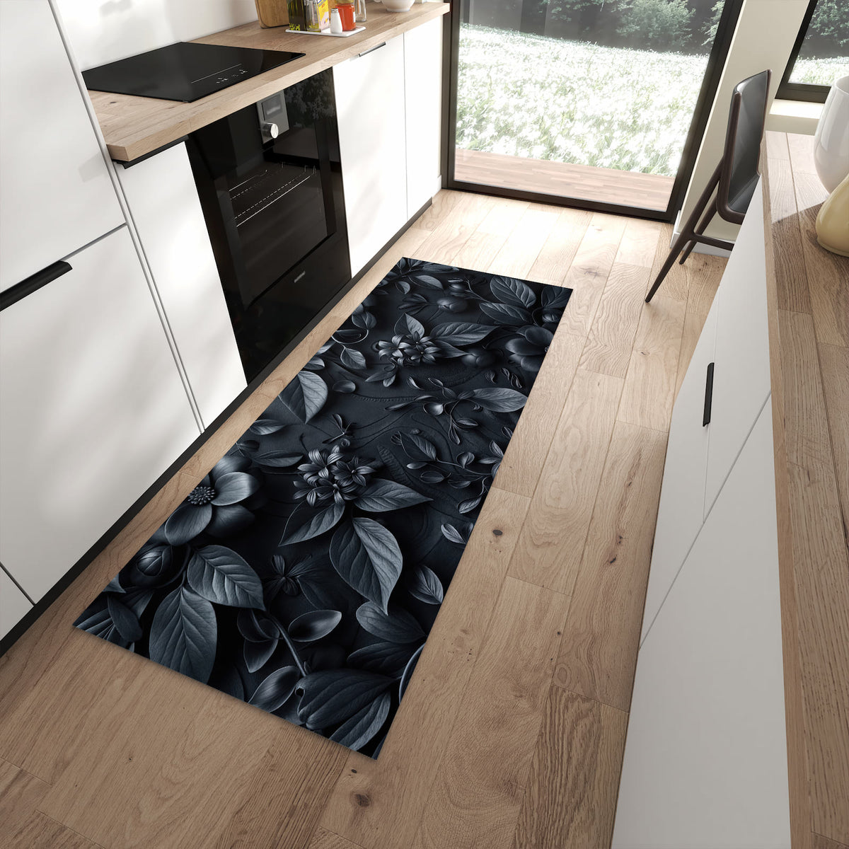 Rutschfester Küchenteppich mit Motiv Blumenmuster Dunkel in moderner Küche - leicht zu reinigen