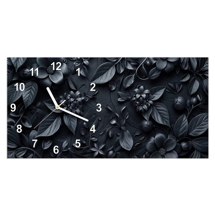 Wanduhr Blumenmuster Dunkel aus Glas – Querformat 60 × 30 cm mit Ziffernblatt Modern