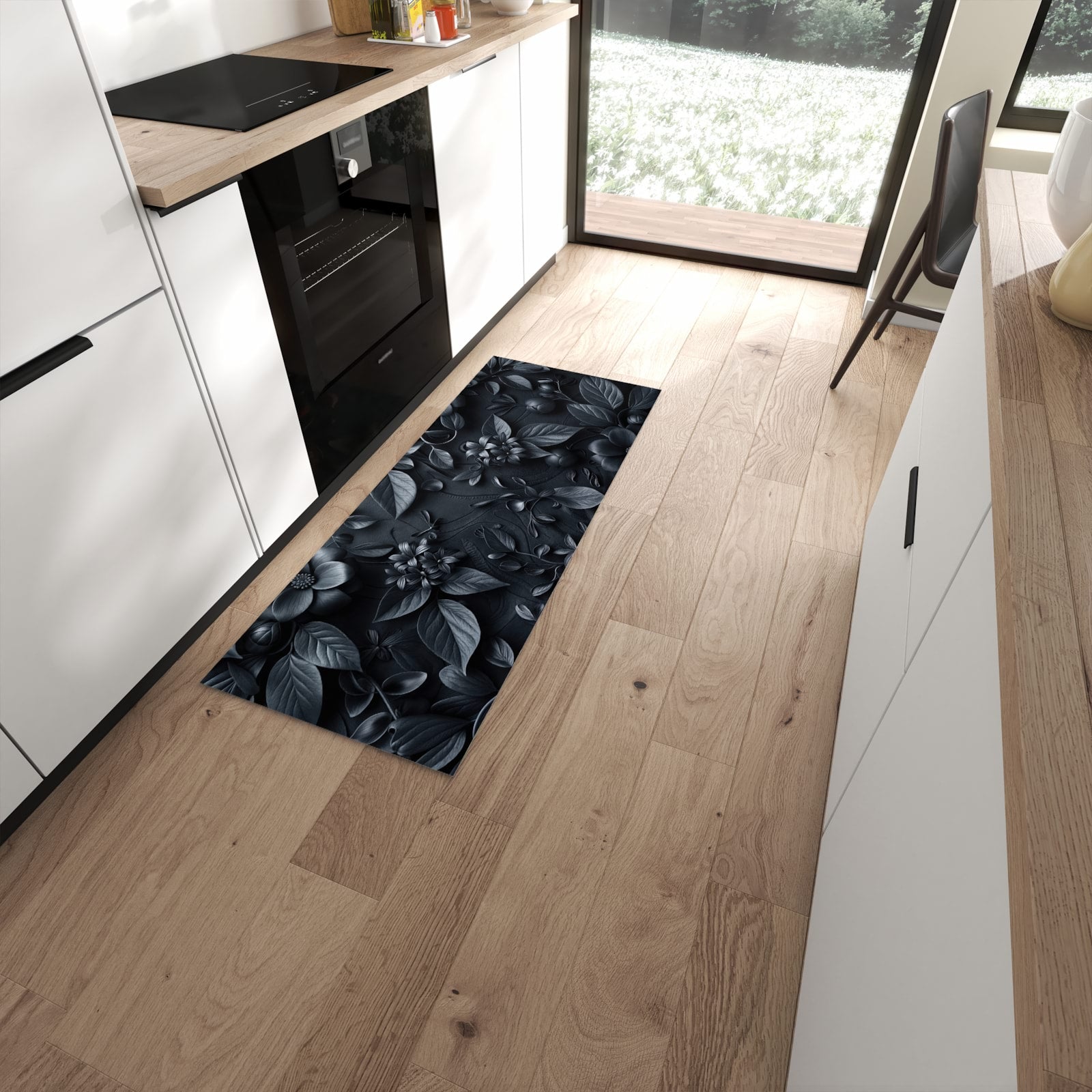 Geruchsneutraler rutschfester Küchenteppich mit Motiv Blumenmuster Dunkel in moderner Küche #grösse_60 x 150 cm