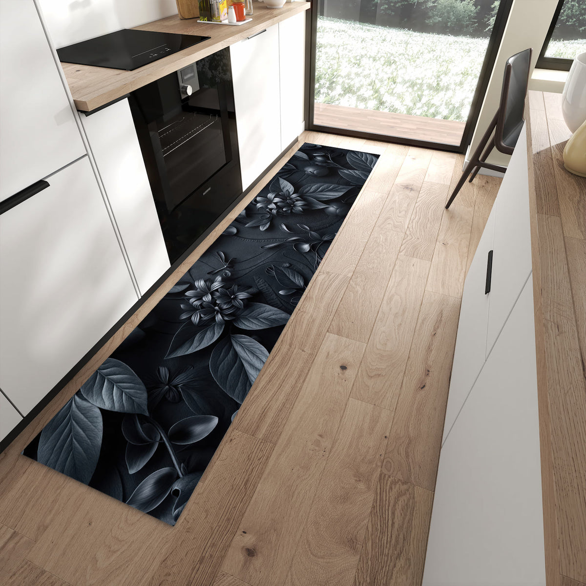 Pflegeleichter Küchenteppich mit Motiv Blumenmuster Dunkel in moderner Küche