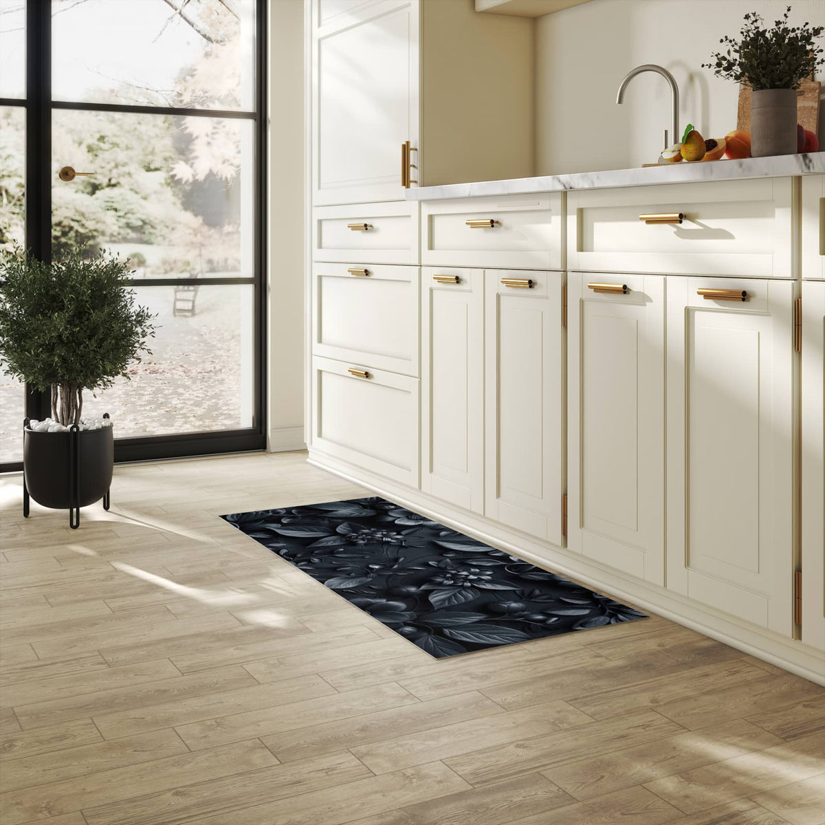 Pflegeleichter moderner Küchenläufer mit Motiv Blumenmuster Dunkel in heller Küche
