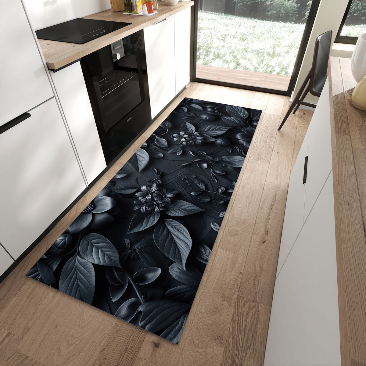 Langlebiger rutschfester Küchenteppich mit Motiv Blumenmuster Dunkel in moderner Küche