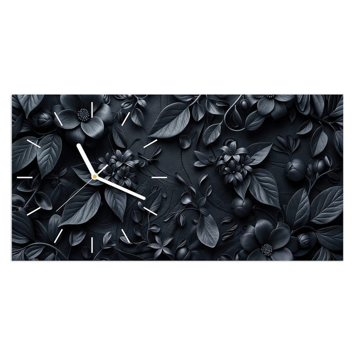 Wanduhr Blumenmuster Dunkel aus Glas – Querformat 60 × 30 cm mit Ziffernblatt Linie