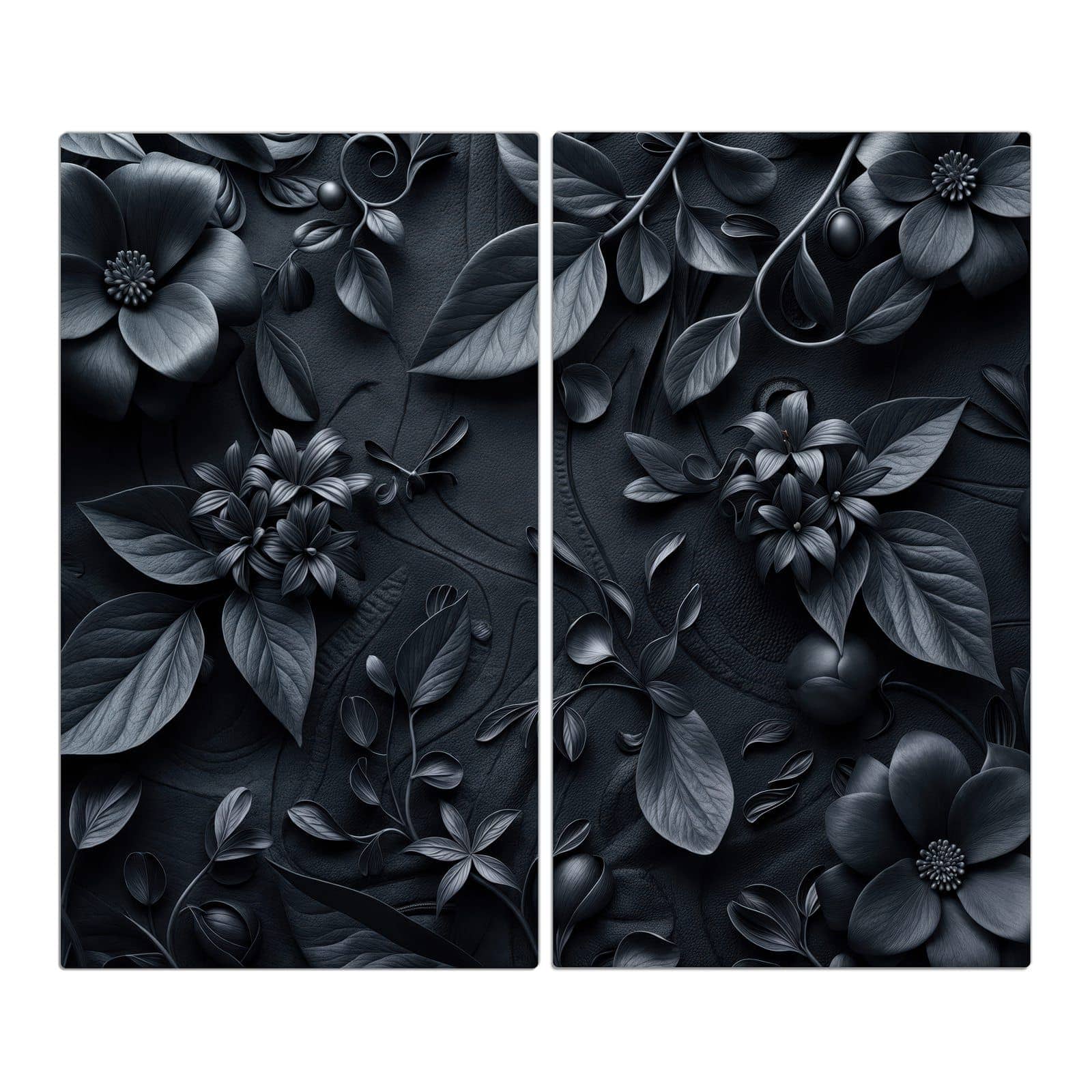 2-teilige Glasabdeckplatte für Ceranfeld mit Blumenmuster Dunkel-Motiv in der Frontansicht #grösse_2-Teilig (60x52cm)