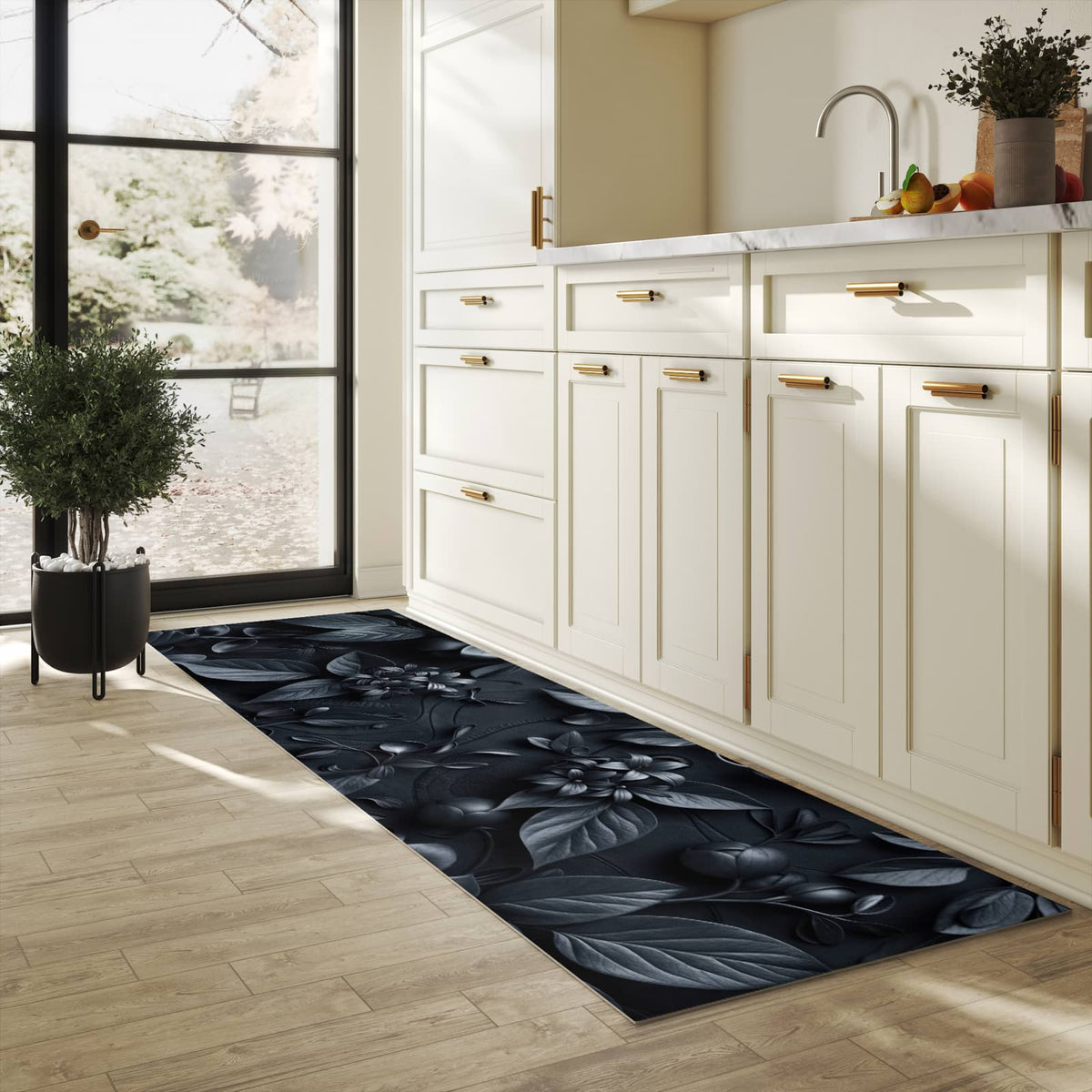 Bodenschonender Küchenteppich mit Motiv Blumenmuster Dunkel in heller Küche