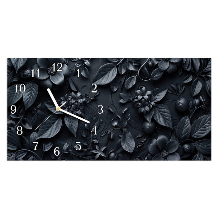Wanduhr Blumenmuster Dunkel aus Glas – Querformat 60 × 30 cm mit Ziffernblatt Klassisch