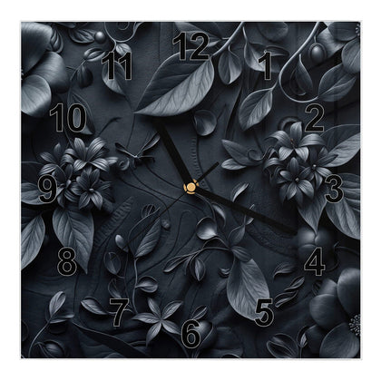 Wanduhr Quadratisch mit dem Motiv Blütenrelief in Schwarz