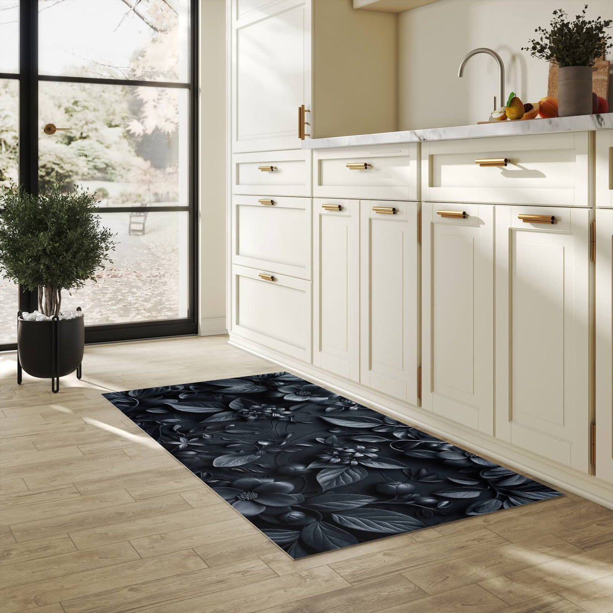 Bodenschonender Küchenteppich mit Motiv Blumenmuster Dunkel in heller Küche