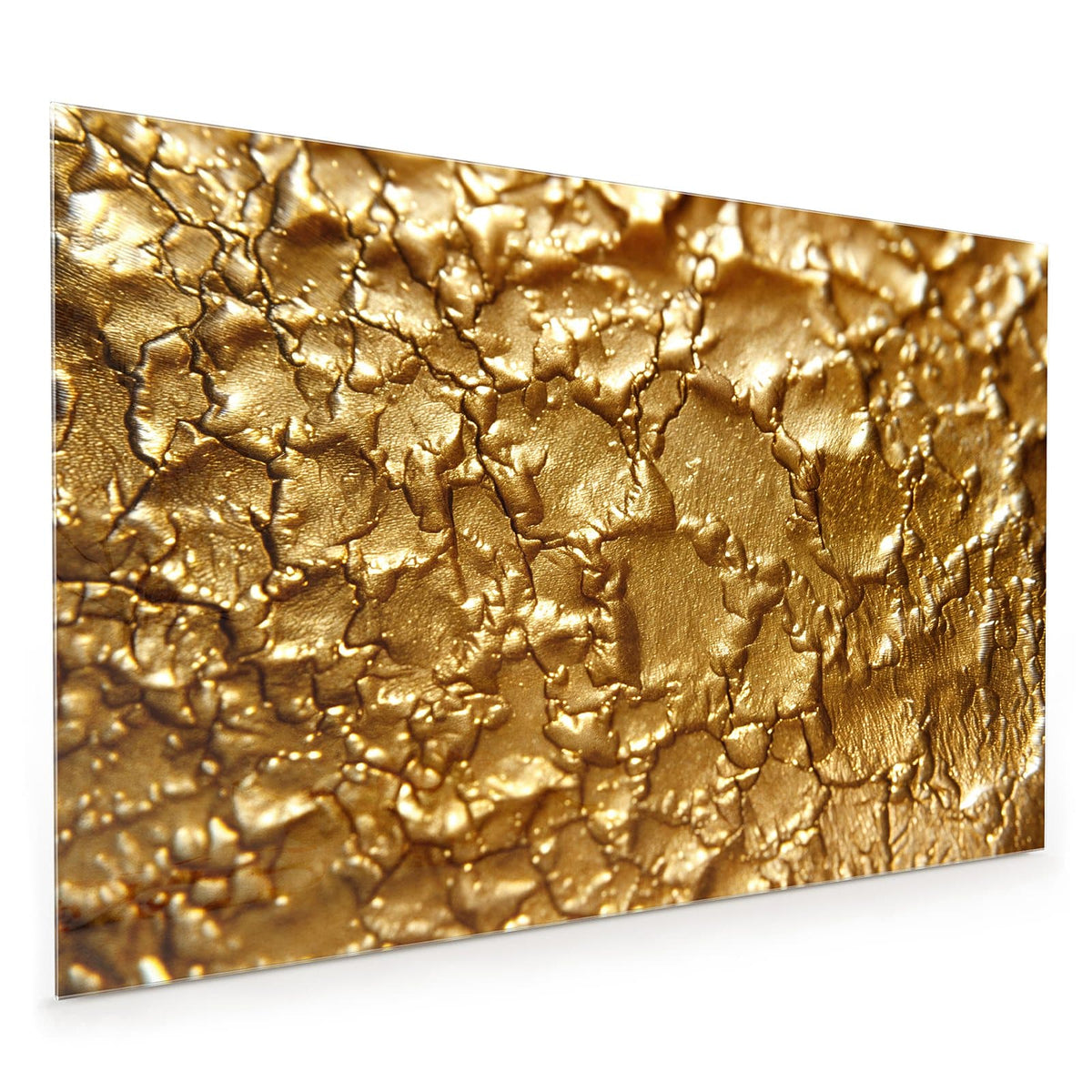 Küchenrückwand aus Glas im Hochformat mit Motiv Rissiges Gold: Dick aufgetragene Goldfläche, plastisch aufgerissen wie trockener Lehm