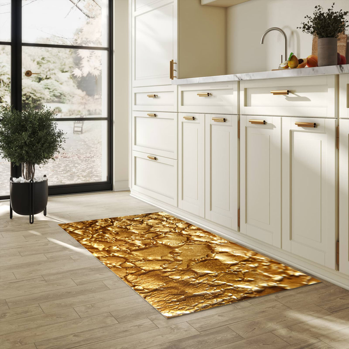 Pflegeleichter moderner Küchenläufer mit Motiv Goldene Struktur in heller Küche