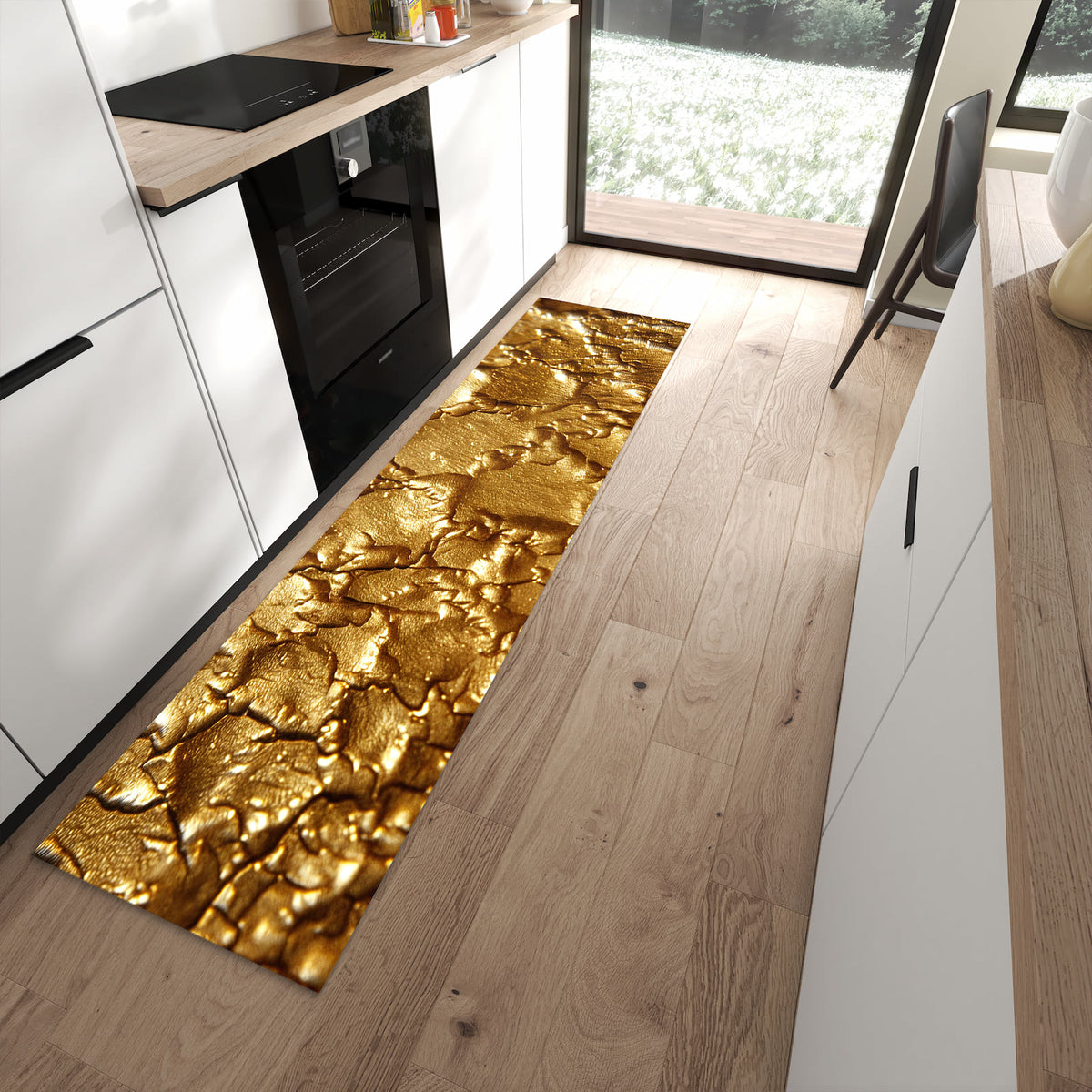 Farbbeständiger Teppichläufer mit Motiv Goldene Struktur in moderner Küche