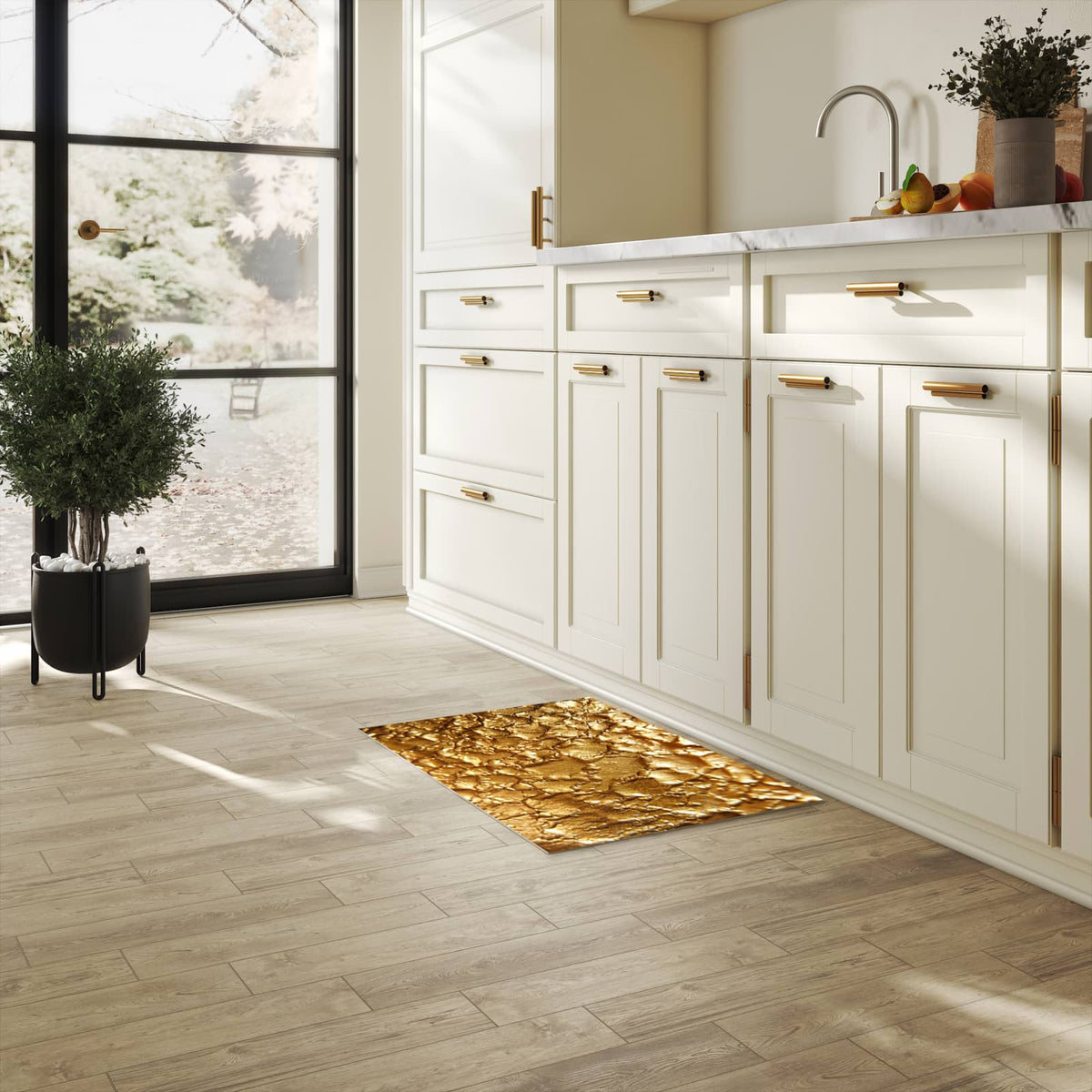 Fleckenresistenter Küchenläufer mit Motiv Goldene Struktur in heller Küche