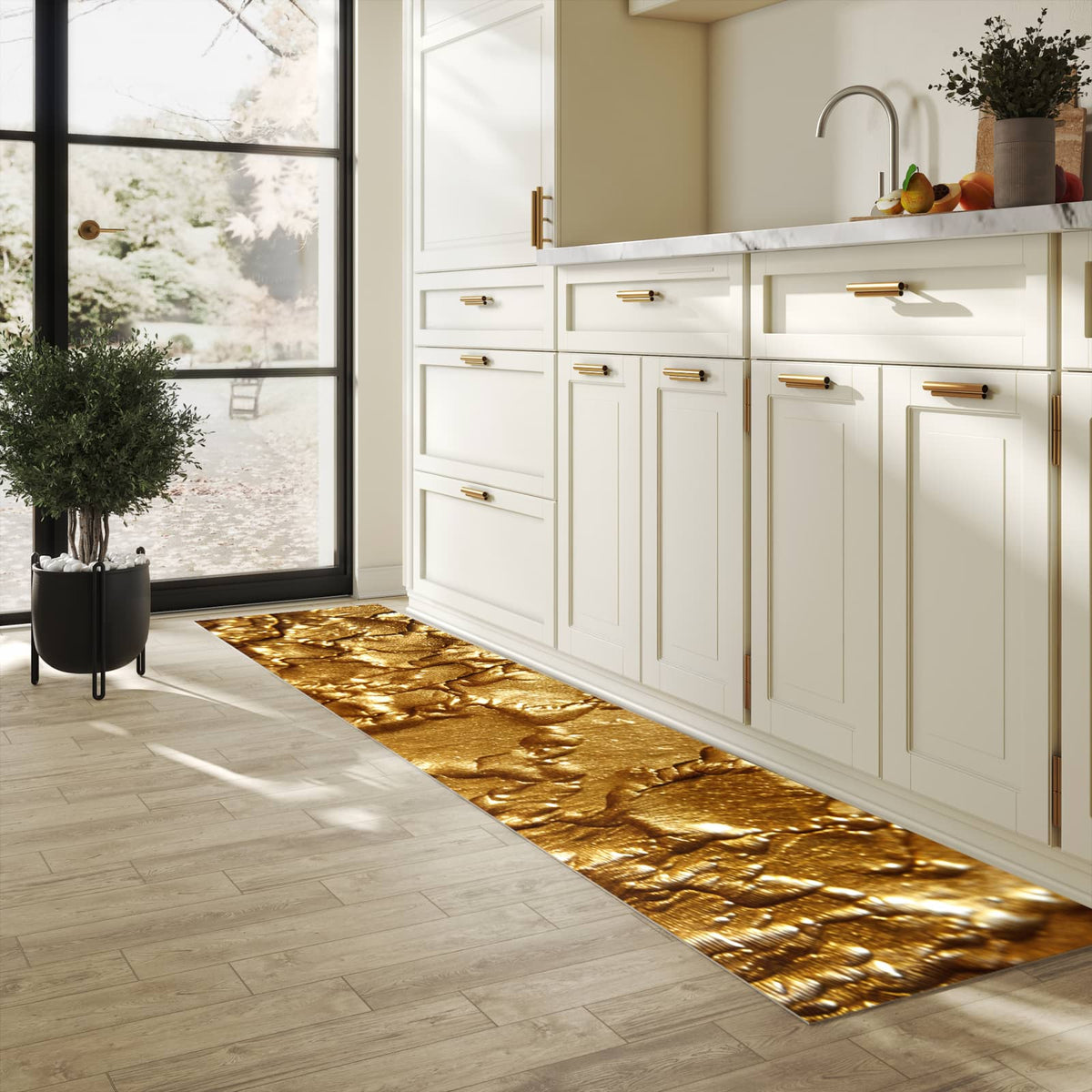 Wasserabweisender Küchenläufer mit Motiv Goldene Struktur in heller Küche