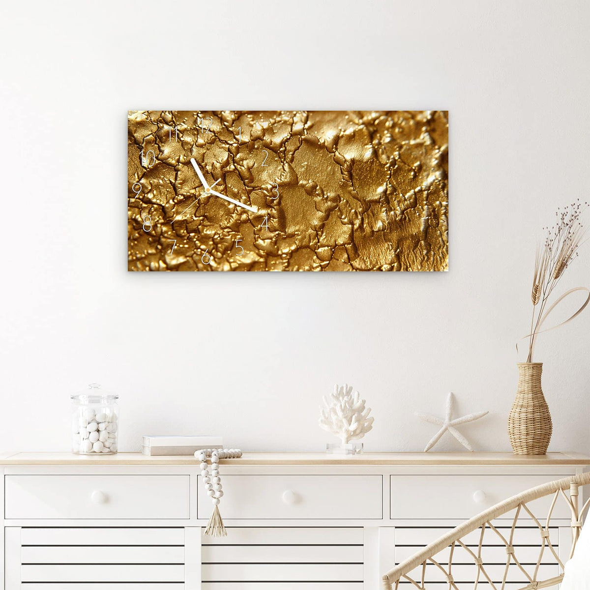 Wanduhr Goldene Struktur aus Glas – Querformat 60 × 30 cm – Goldene Textur mit Rissen