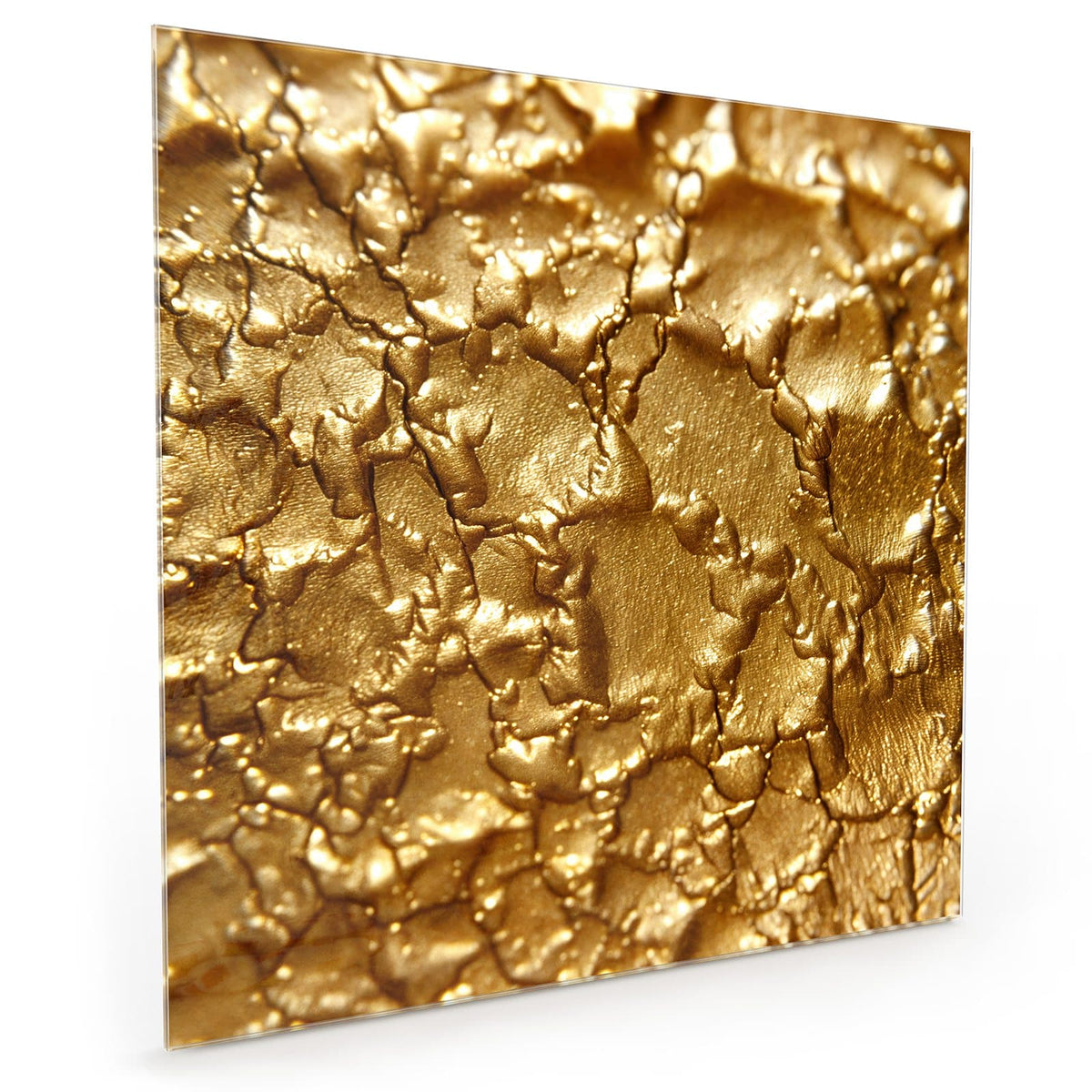 Küchenrückwand aus Glas im quadratischen Format mit Motiv Rissiges Gold: Dick aufgetragene Goldfläche, plastisch aufgerissen wie trockener Lehm #grösse_40 x 40 cm #grösse_50 x 50 cm #grösse_60 x 60 cm