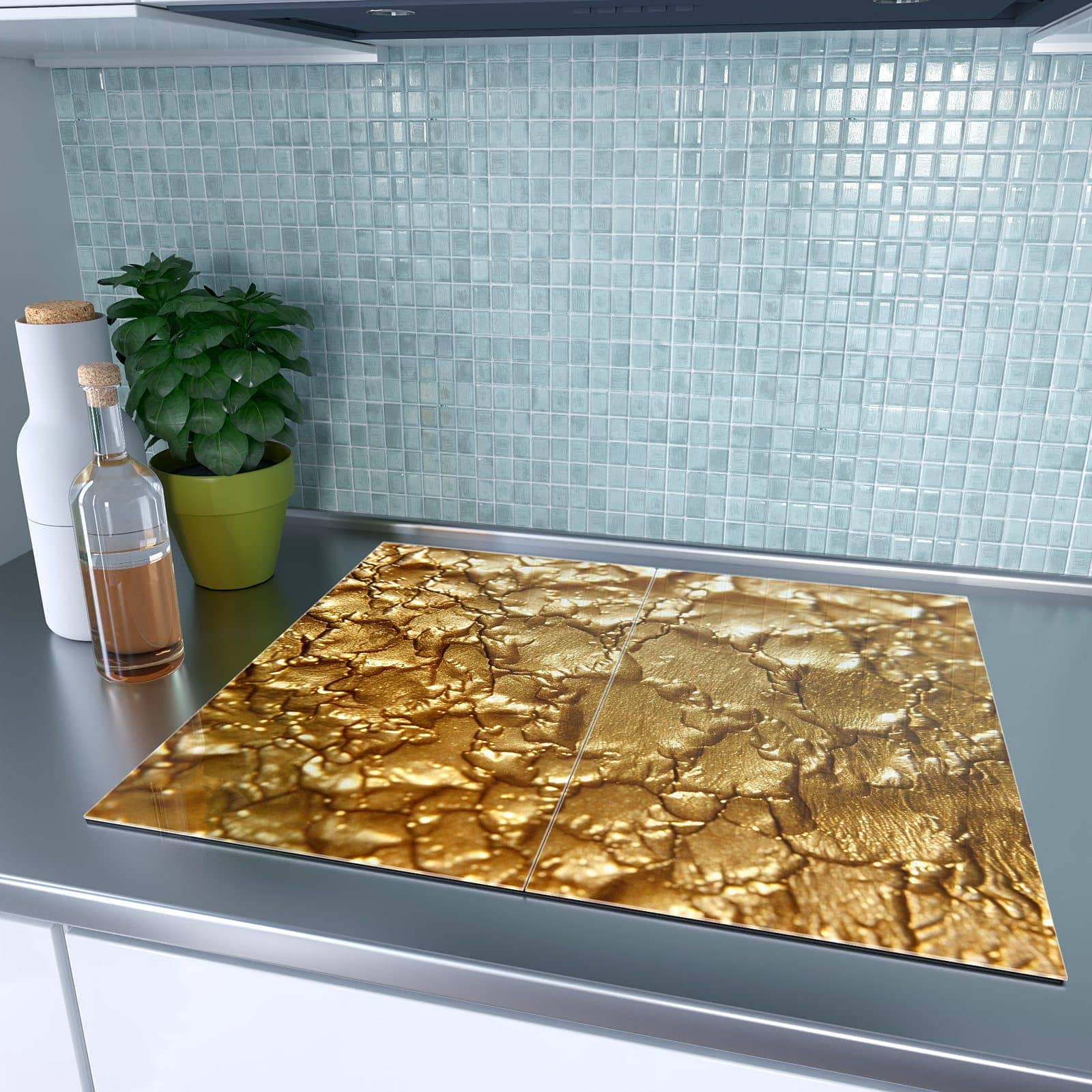 2-teilige Kochfeldabdeckung mit Goldene Struktur-Motiv auf dem Ceranfeld
