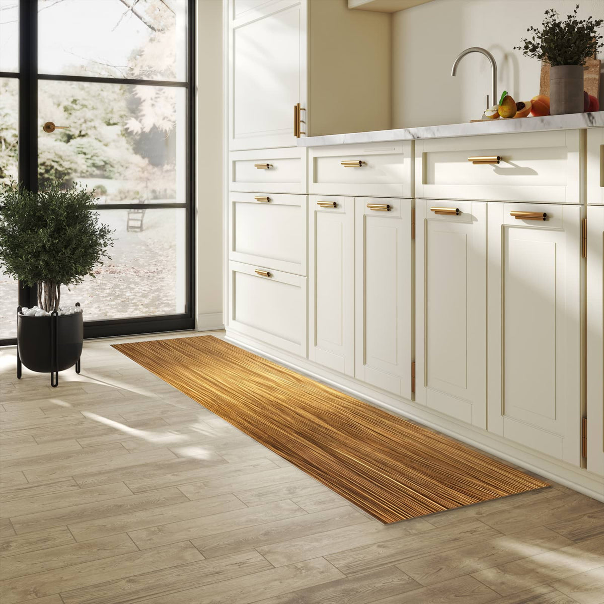 Langlebiger Bodenläufer mit Motiv Golden Textured Surface in heller Küche