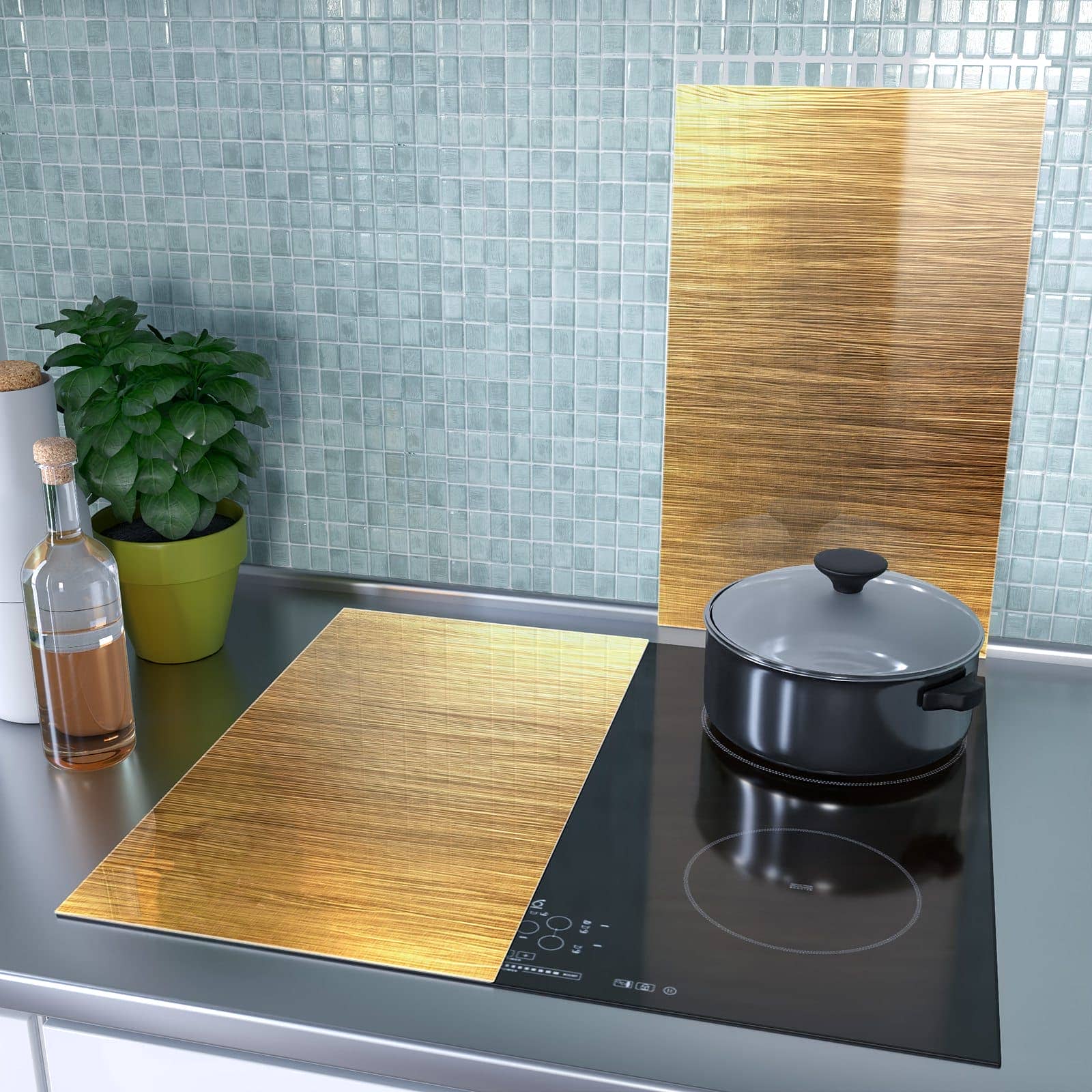 2-teilige Abdeckplatten für den Herd mit Golden Textured Surface-Motiv als Spritzschutz hinter dem Kochfeld