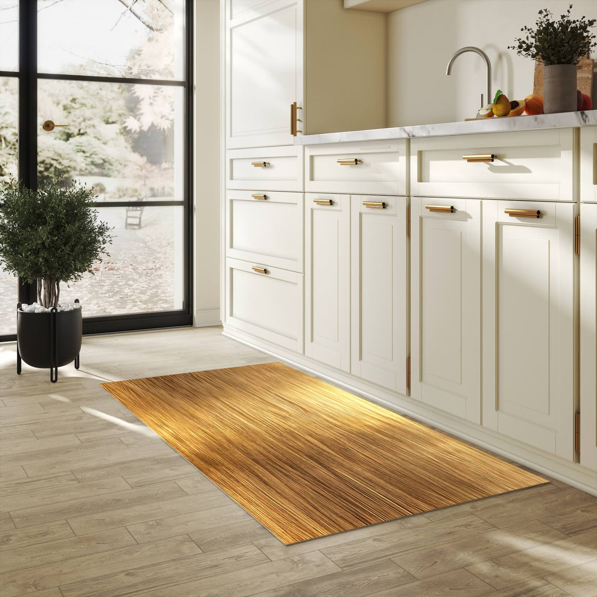Formstabiler waschbarer Küchenteppich mit Motiv Golden Textured Surface in heller Küche