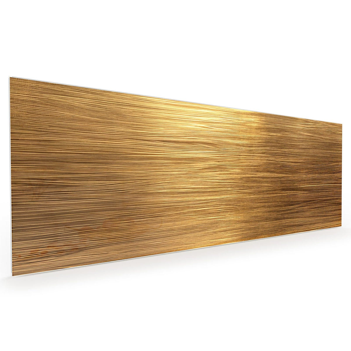 Küchenrückwand aus Glas im Hochformat mit Motiv Gebürstetes Gold: Glatte Goldfläche mit feinen waagerechten Bürstlinien und Lichtverlauf #grösse_40 x 100 cm #grösse_50 x 125 cm #grösse_60 x 150 cm