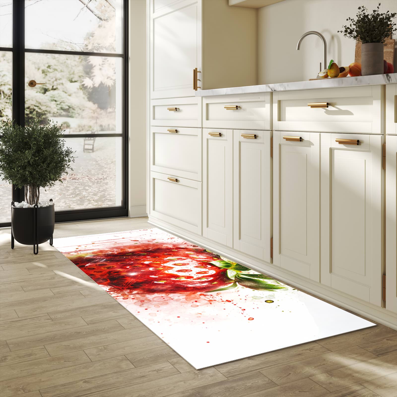 Rutschfester Küchenteppich mit Motiv Erdbeerkunstwerk in heller Küche, einfach zu reinigen