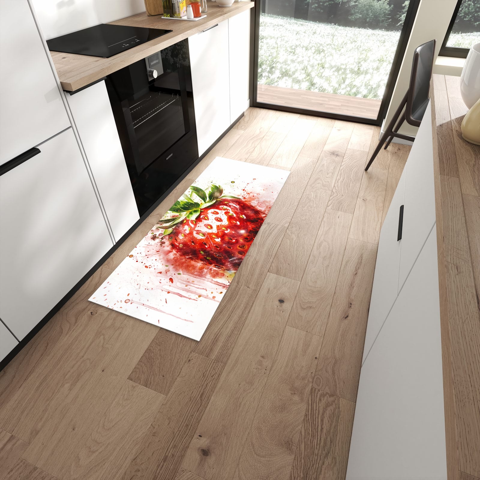 Farbbeständiger waschbarer Küchenläufer mit Motiv Erdbeerkunstwerk in moderner Küche #grösse_60 x 150 cm