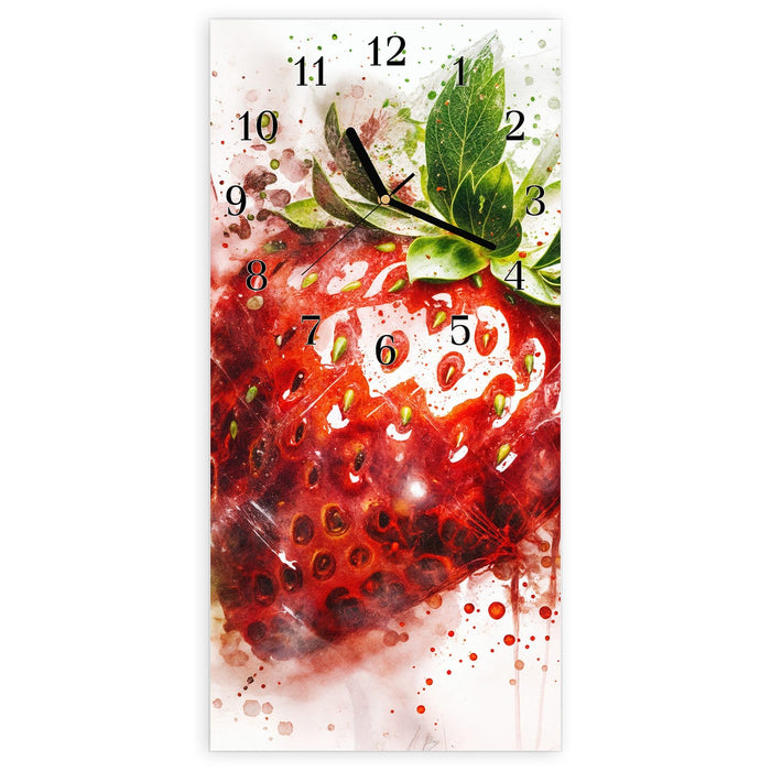Wanduhr Erdbeerkunstwerk aus Glas – Hochformat 30 × 60 cm mit Ziffernblatt Klassisch