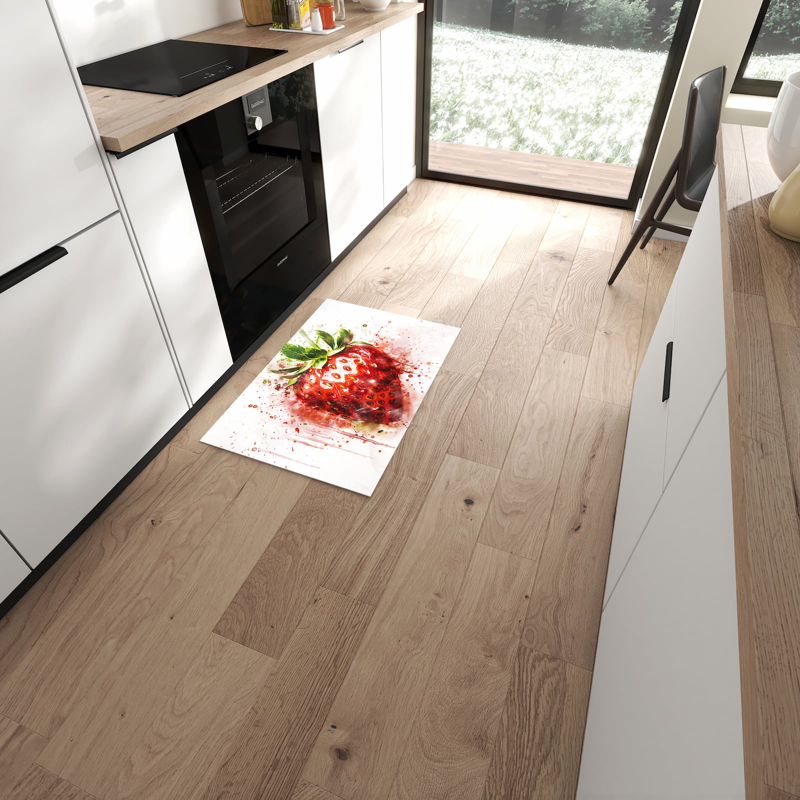 Abriebfester rutschfester Küchenläufer mit Motiv Erdbeerkunstwerk in moderner Küche