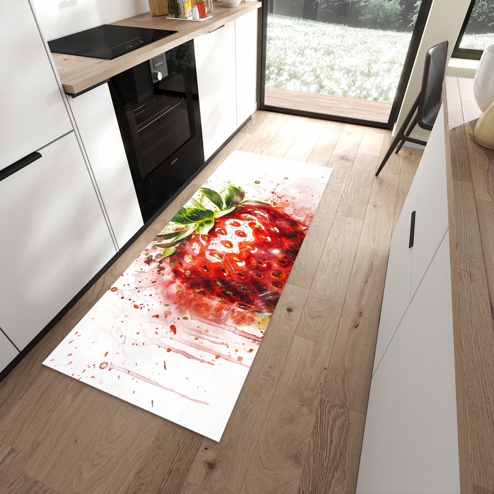 UV-beständiger Küchenläufer mit Motiv Erdbeerkunstwerk in moderner Küche