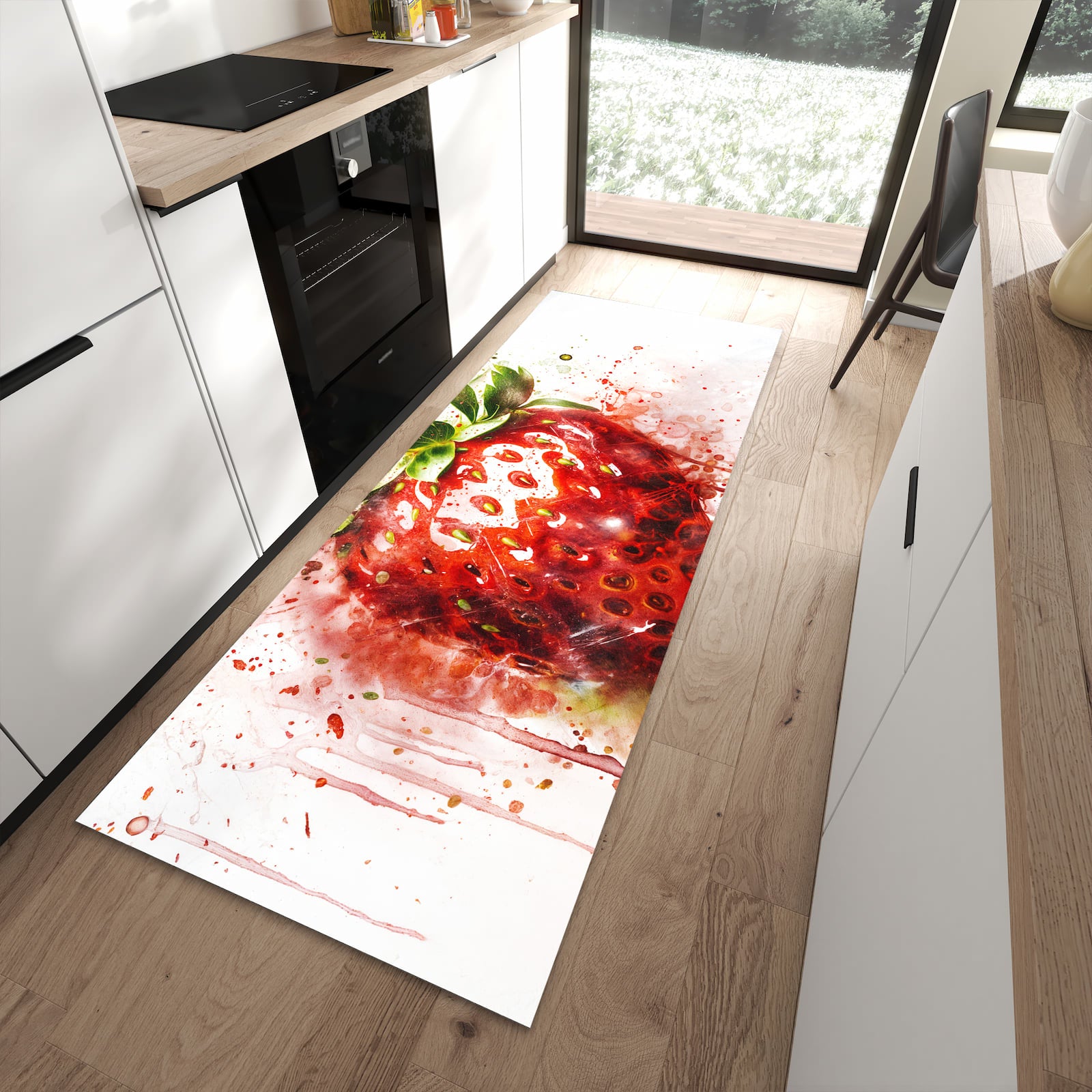 Geruchsneutraler abwaschbarer Küchenteppich mit Motiv Erdbeerkunstwerk in moderner Küche