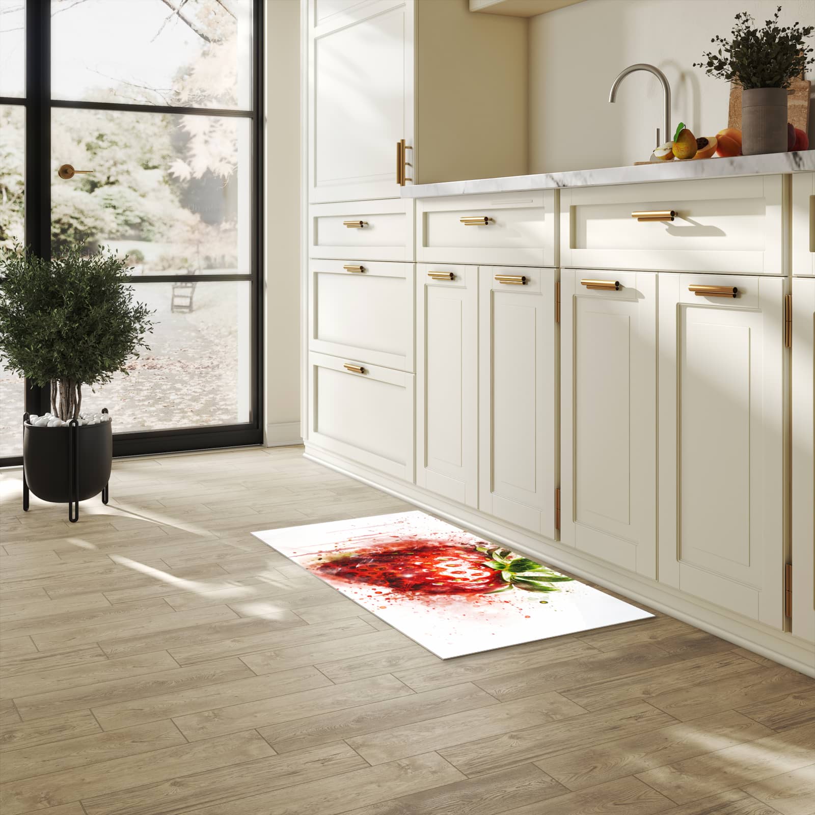 Abriebfester Küchenläufer mit Motiv Erdbeerkunstwerk in heller Küche