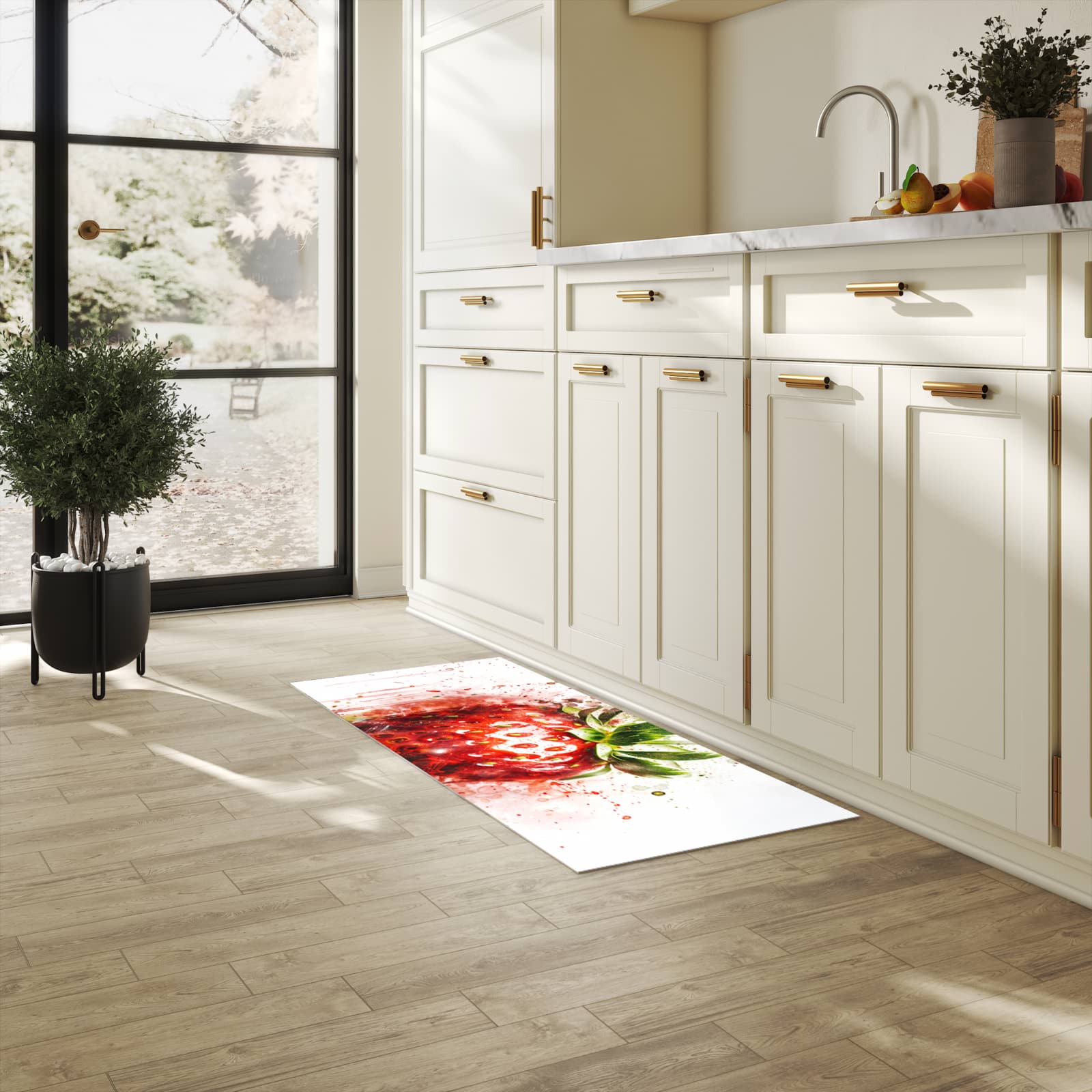 UV-beständiger Küchenvorleger mit Motiv Erdbeerkunstwerk in heller Küche