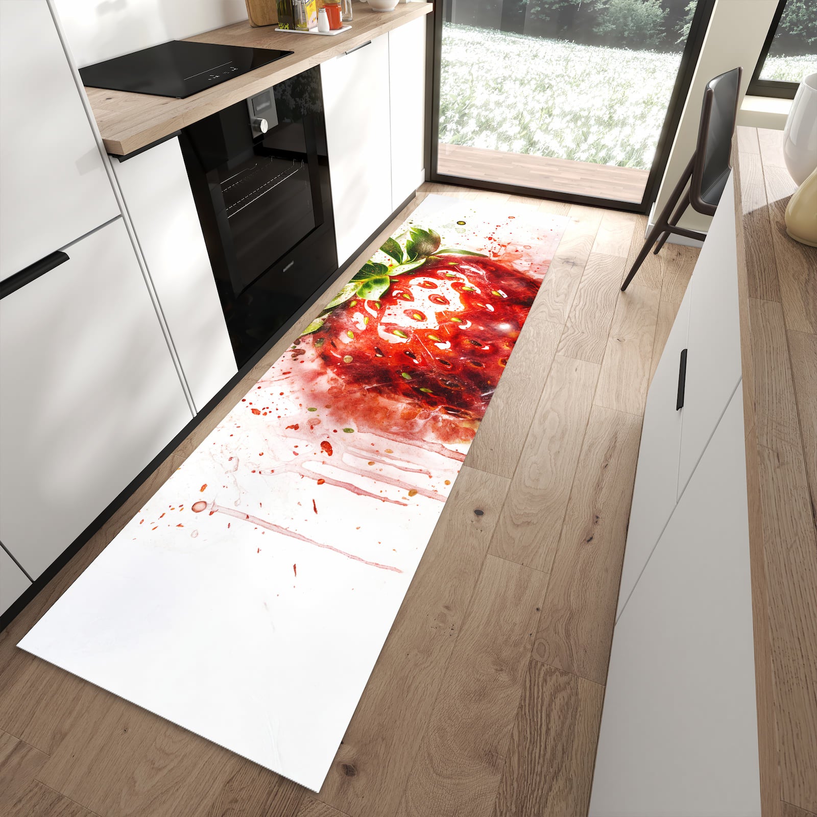Wasserabweisender Küchenläufer mit Motiv Erdbeerkunstwerk in moderner Küche