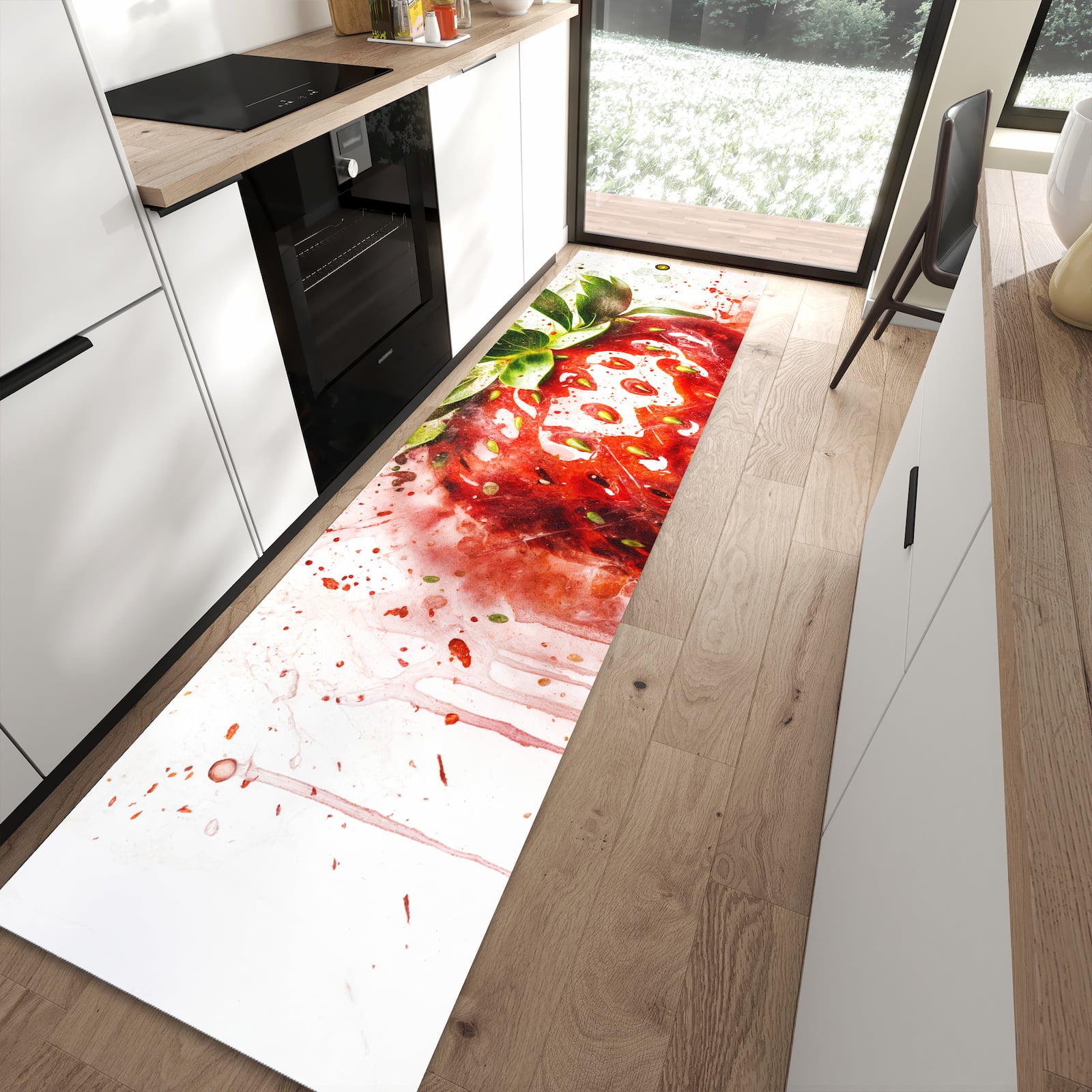 Fleckenresistenter moderner Küchenläufer mit Motiv Erdbeerkunstwerk in moderner Küche