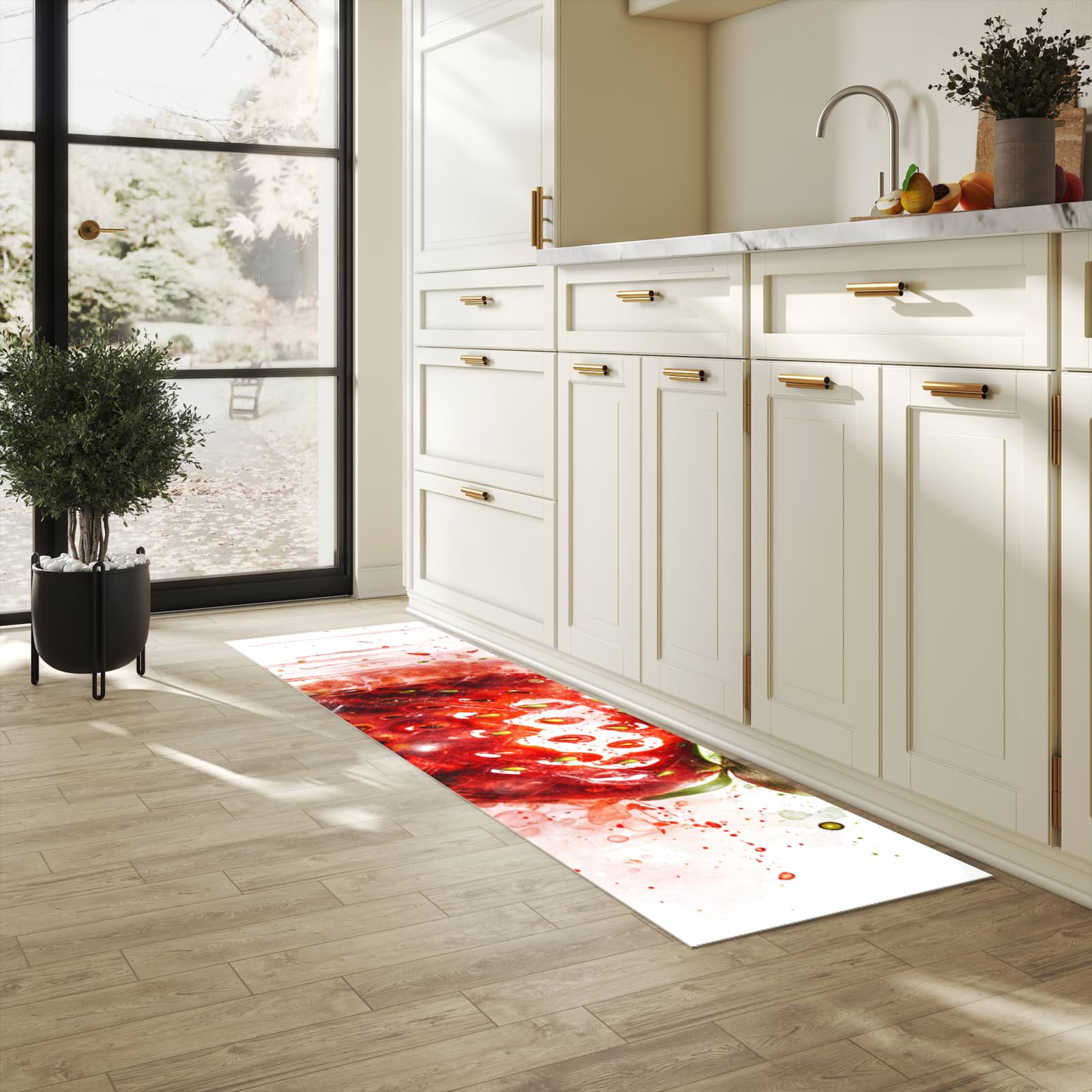 Wasserabweisender Küchenläufer mit Motiv Erdbeerkunstwerk in heller Küche