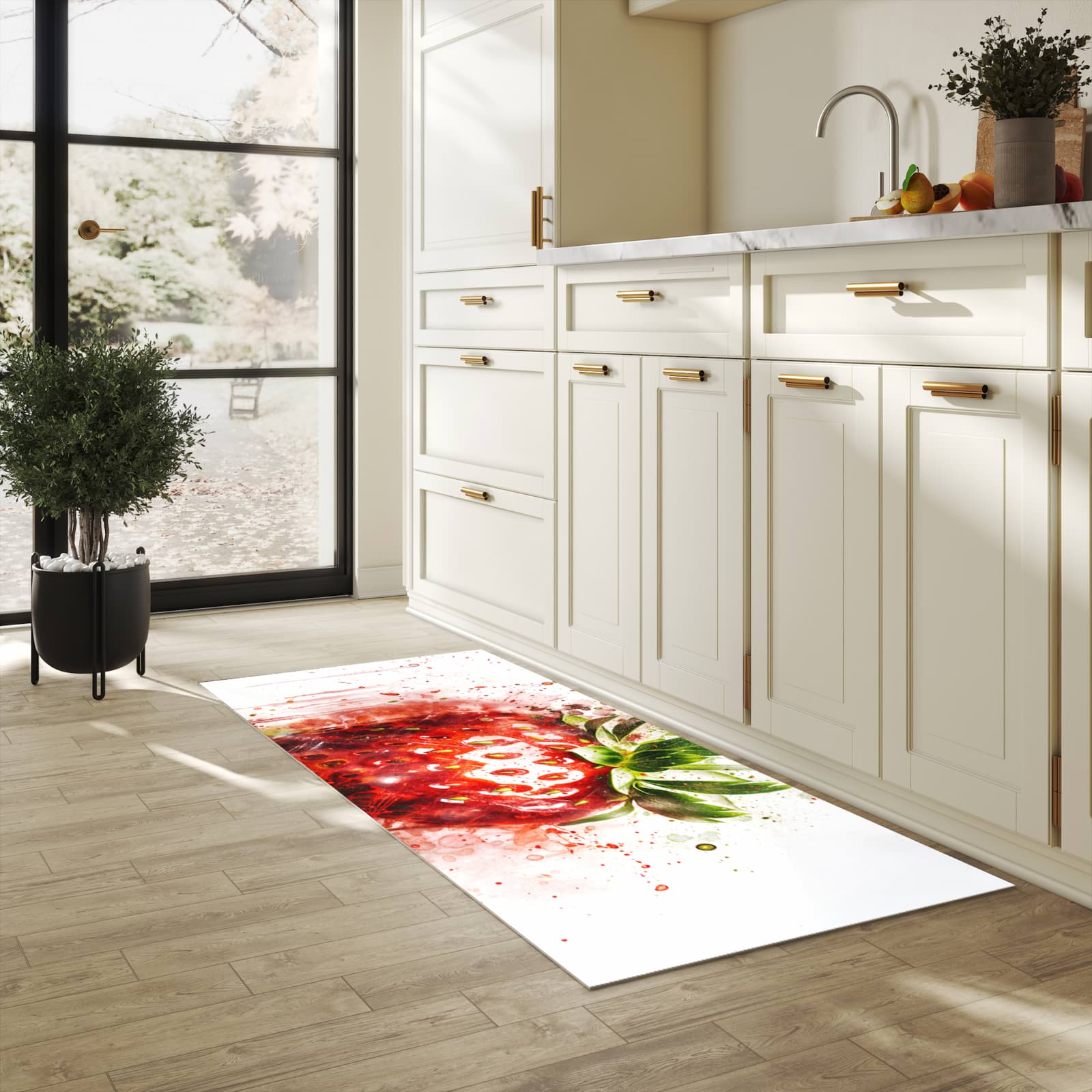 Langlebiger waschbarer Küchenläufer mit Motiv Erdbeerkunstwerk in heller Küche