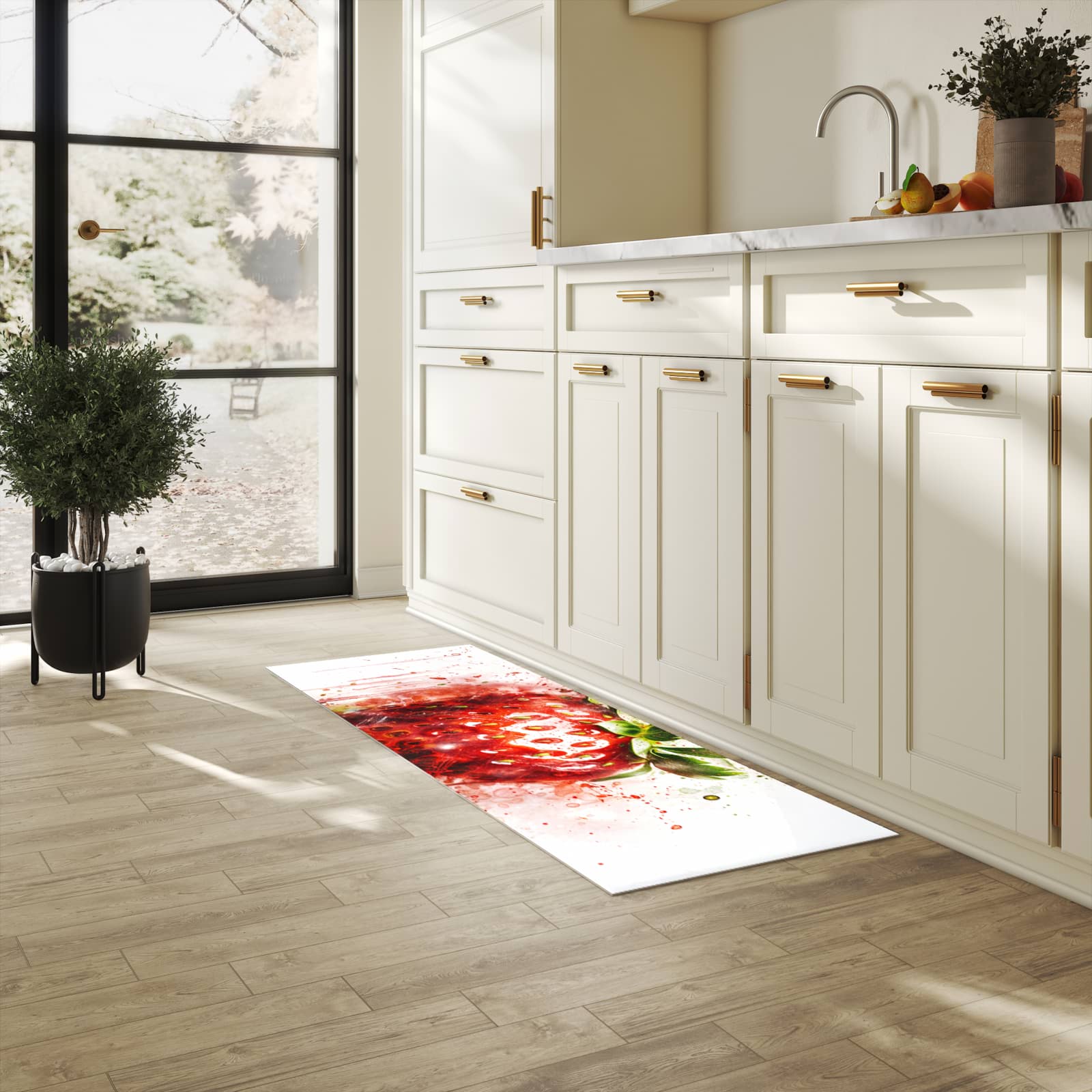 Waschbarer Küchenteppich mit Motiv Erdbeerkunstwerk für Trittkomfort in heller Küche