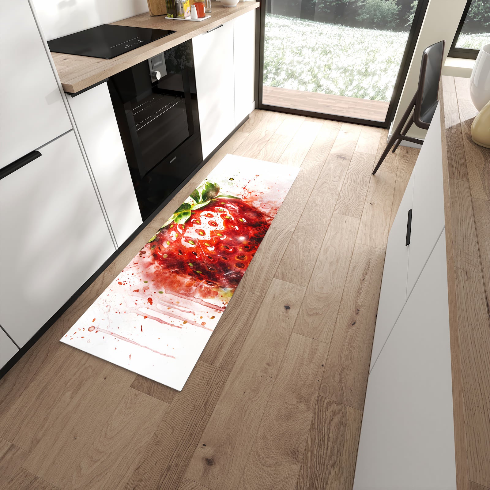 Formstabiler rutschfester Küchenläufer mit Motiv Erdbeerkunstwerk in moderner Küche