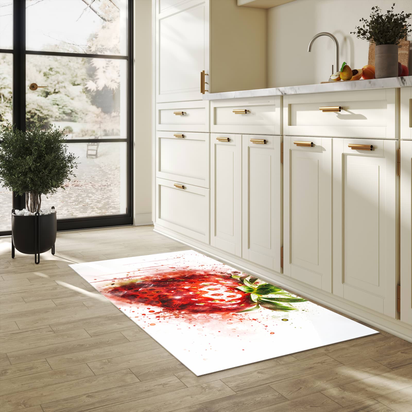 Rutschhemmender dünner Teppich mit Motiv Erdbeerkunstwerk in heller Küche