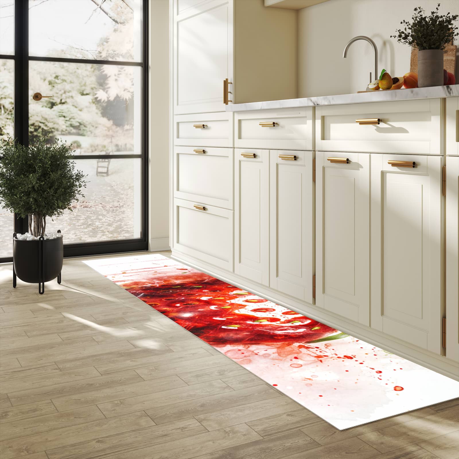 Schmutzabweisender Teppichläufer mit Motiv Erdbeerkunstwerk in heller Küche