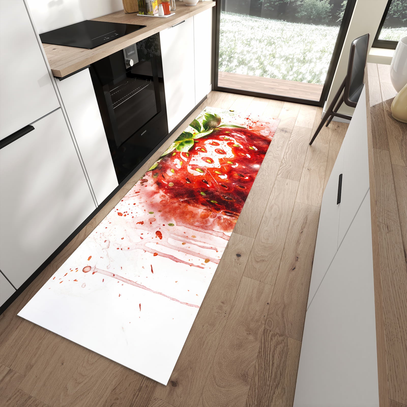 Komfortabler Küchenläufer nach Maß mit Motiv Erdbeerkunstwerk in moderner Küche