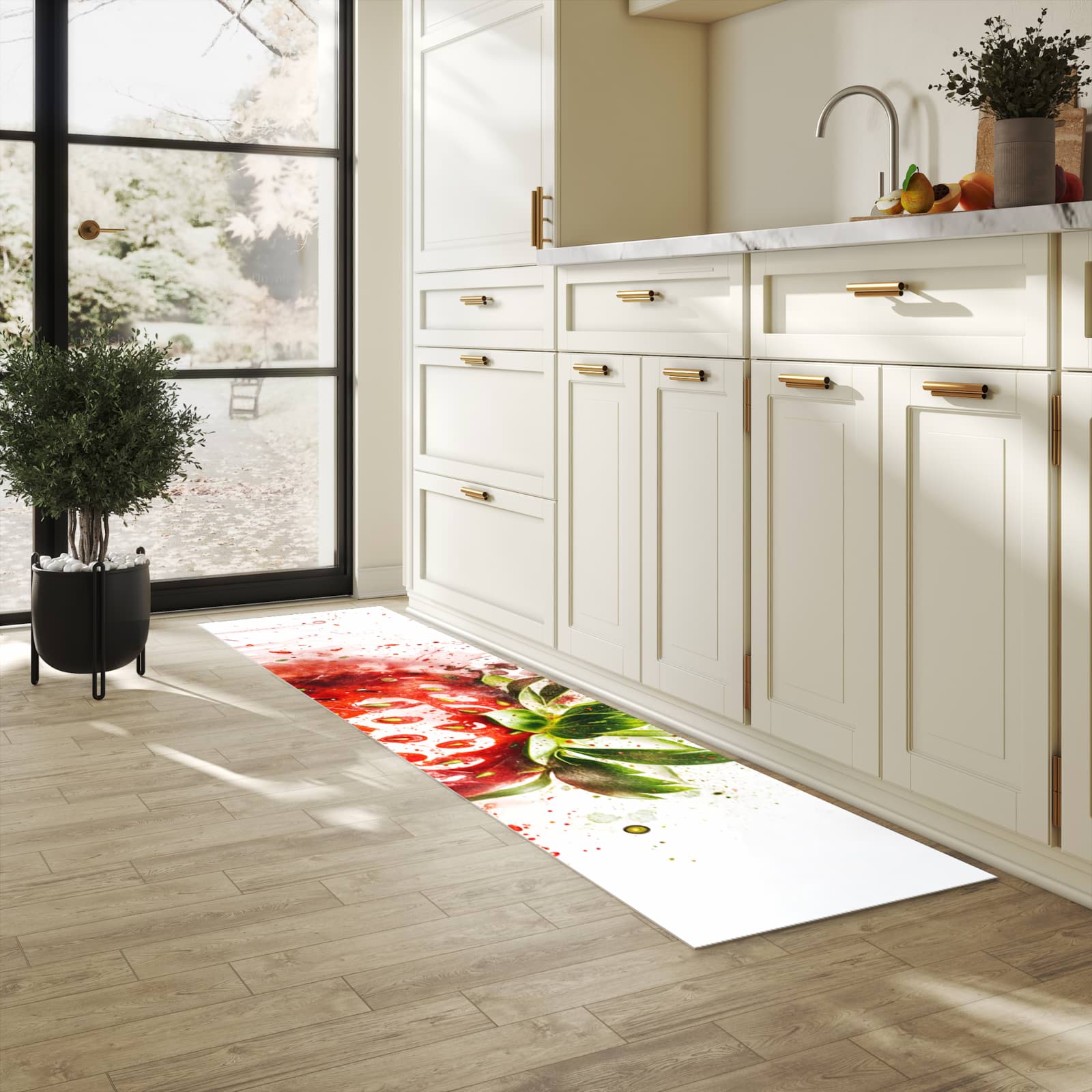 Fleckenresistenter Küchenläufer mit Motiv Erdbeerkunstwerk in heller Küche
