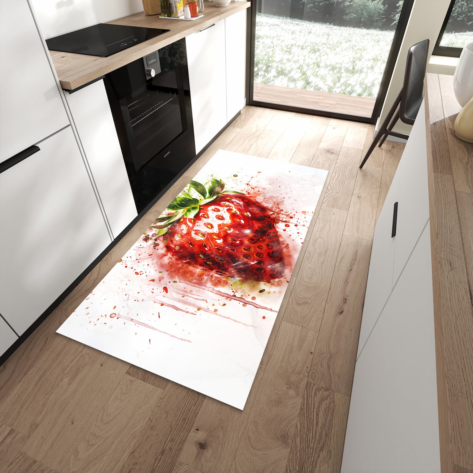 Schmutzabweisender Küchenläufer mit Motiv Erdbeerkunstwerk in moderner Küche
